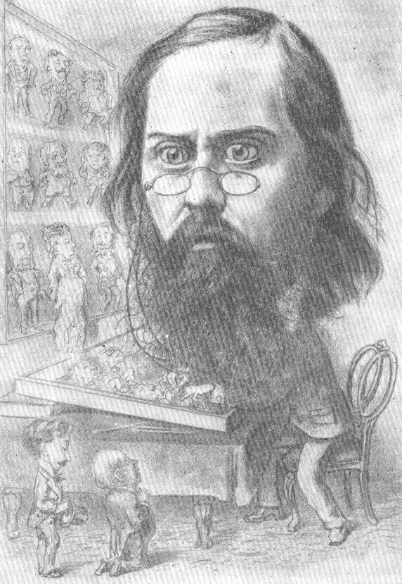 Салтыков составляет коллекцию своих героев. Карикатура А. И. Лебедева. 1877.