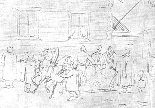 Тройка у постоялого двора. Карандаш. 1832—34.