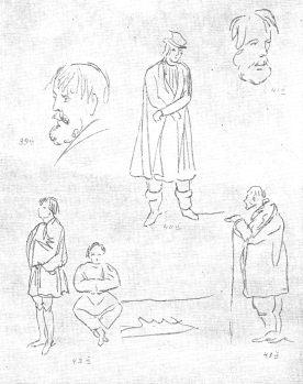 Типы крестьян (наброски). Карандаш. 1832—34.