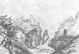 Развалины на берегу Арагвы. Карандаш. 1837.